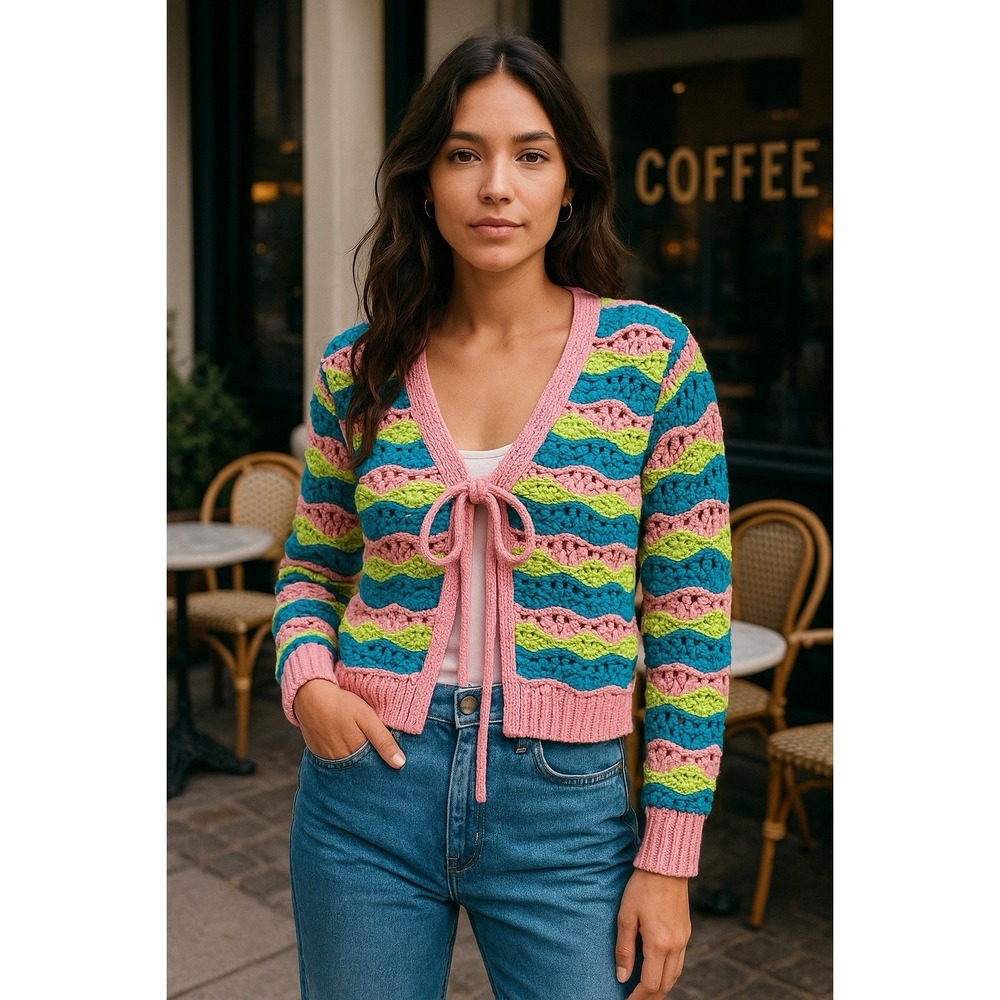 NWT Zara Multicolor Crochet Knit Tie Front Cardigan Pink Blue Green Retro Sz S